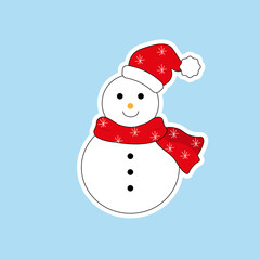 Vector winter sticker of Snowman. Merry Christmas and happy New Year. Illustration in flat style. 