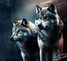 two wild wolves in nature