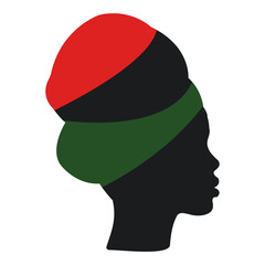 An illustration of a African woman with head wear colored in Pan Africa flag.