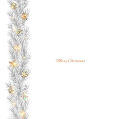 Fototapeta na wymiar Christmas wreath. Fir branches. Star. Garland. New Year. Border. Snowflakes. White. Gold. Snow. Seamless.