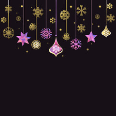 Christmas decorations. New Year. Holiday. Illustration. Snowflakes. Dark background. Decorations. Gold. Shine.
