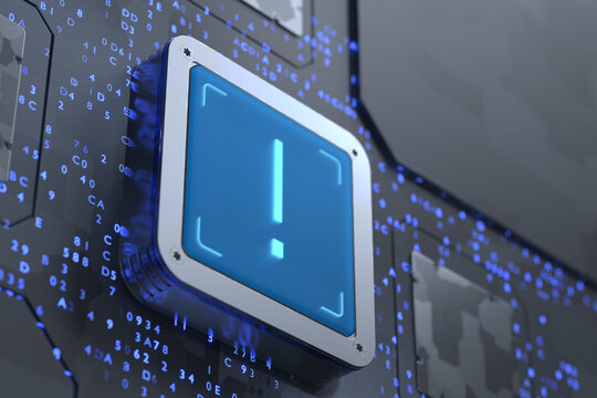 Malware. Attention inscription with exclamation mark. Danger symbol. Computer hacked error concept. 3D rendering.