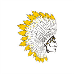 illustration of indian chief with yellow feather crown