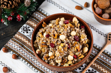 Traditional Christmas kutia. Kutya Ukrainian. Boiled wheat porridge. Slavic holiday ritual dish. Orthodox christmas.