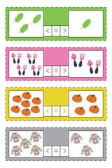 Math tasks, a worksheet for children. The child’s task is to count the elements in the sets and mark the appropriate sign: minority, majority, equality. Cute vector illustration