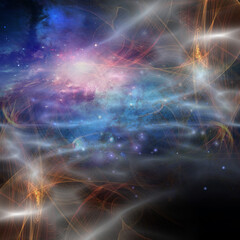 Fototapeta na wymiar Nebulous filaments swirl and gather in deep space