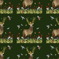 Deer flower bird insect watercolor green pattern
