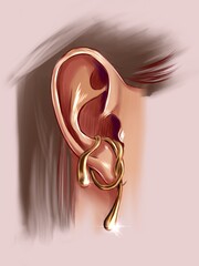 Fashion illustration of a woman ear with earring on a beige background for a wall painting, poster, logo, print, avatar, gift.