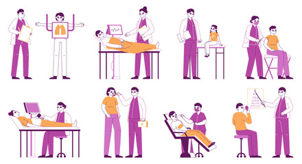Patient medical examination, doctors appointment in hospital. Therapists, dentist and orthopedist medical consultation, patients health check flat vector illustration set. Medical clinic scenes