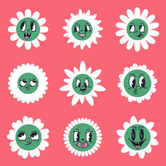 Chamomile daisy flowers with cartoon comic faces. Doodle funny flower emojis, retro comic book caricature mascots flat vector illustration set on white background