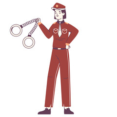 Female policeman holding huge handcuffs. Police station worker, police officer wearing professional uniform flat vector illustration on white background