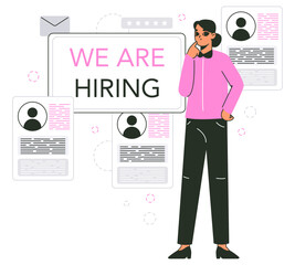 We are hiring, job hiring process. Headhunting agency recruitment, hr specialist and job seekers resume flat vector illustration on white background