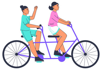 Obraz premium Women riding bicycle. Female characters on tandem bike, active bike riding, eco friendly transportation flat vector illustration on white background