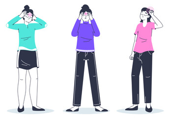 Women with headache. Female characters suffering from pain, physical diseases and bad medical conditions flat vector illustration on white background