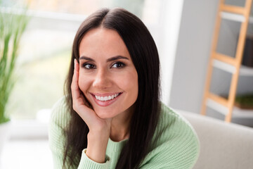 Close up photo of nice good looking lady sitting workplace room modern office house enjoy free time finish working day rejoice weekend