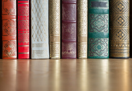 various antique book spines in different colours and shapes. copy space