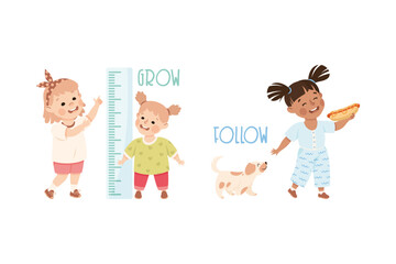 Little Girl Growing Near Meter and Dog Following Hot Dog Demonstrating Vocabulary and Verb Studying Vector Set