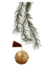 Christmas sleigh bell on pine tree branch. 