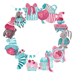 Christmas illustrations. Carousel of drawings in the form of a New Year's wreath. Watercolor isolated illustration of christmas characters and objects for your design