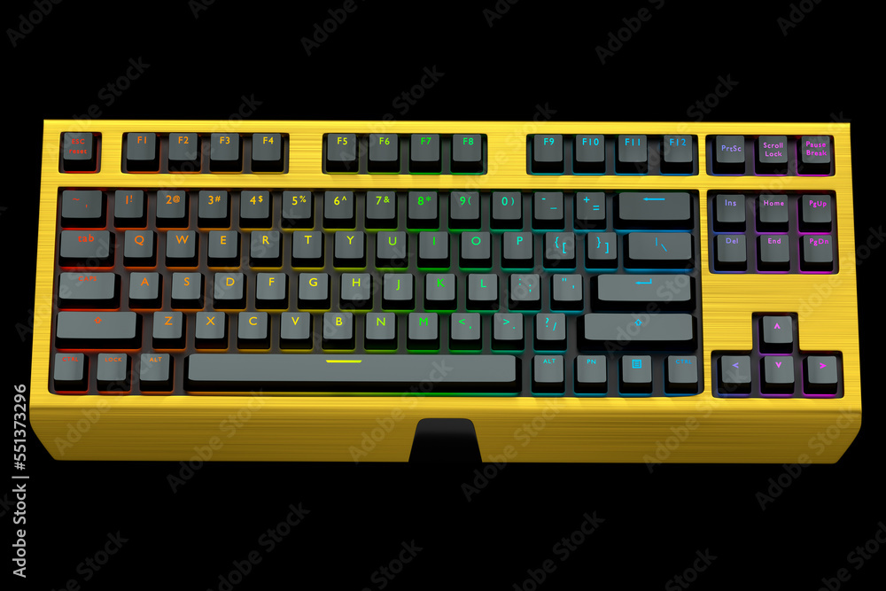 Poster yellow computer keyboard with rgb colors isolated on black background.