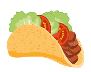 Tacos with meat and vegetable. Traditional mexican fast-food. Taco Mexico food with tortilla, leaves lettuce, cheese, tomato, forcemeat, sauce. Isolated white background. EPS10 vector illustration.