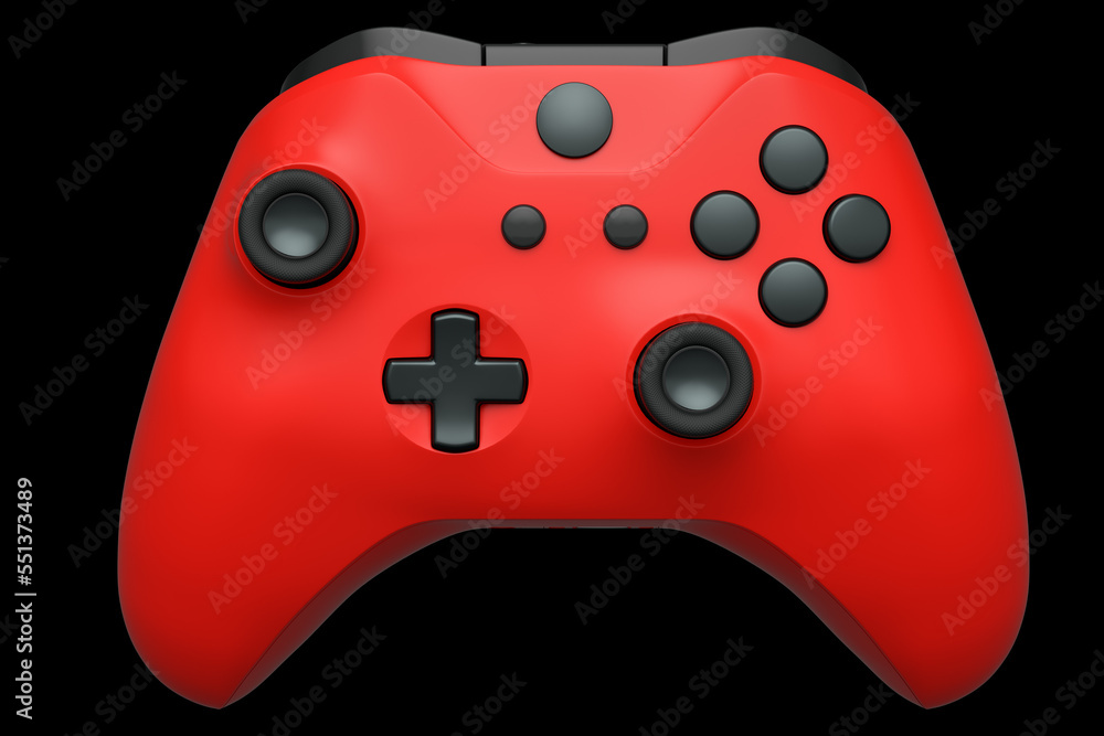 Poster realistic red joystick for video game controller on black background