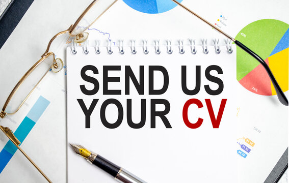 send us your cv words on notebook with glasses and charts