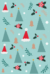 Merry Christmas pattern with xmas decor elements. Christmas wallpaper with decorations - seamless texture on green background pattern with Christmas hat, Christmas tree elements.