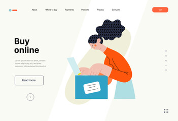 Buy online - Online shopping and electronic commerce series - modern flat vector concept illustration of a woman unpacking a parcel box. Delivery, discounts, sale and online orders concept