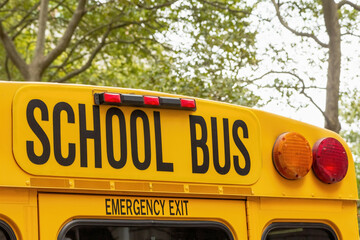 Back of old yellow school bus with a sign. Trees are in the background. Horizontally. 