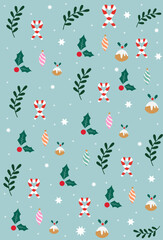 Merry Christmas pattern with xmas decor elements. Christmas wallpaper with decorations - seamless texture on blue background pattern with Christmas tree, hat, snowman and stars elements.