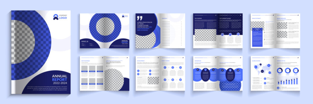 16page annual report brochure template design with modern shapes, editable business brochure.