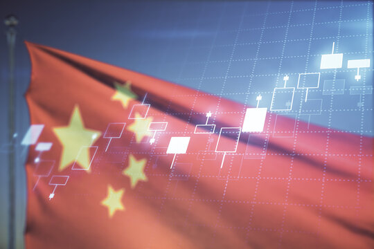 Multi exposure of virtual abstract financial diagram on flag of China and blue sky background, banking and accounting concept