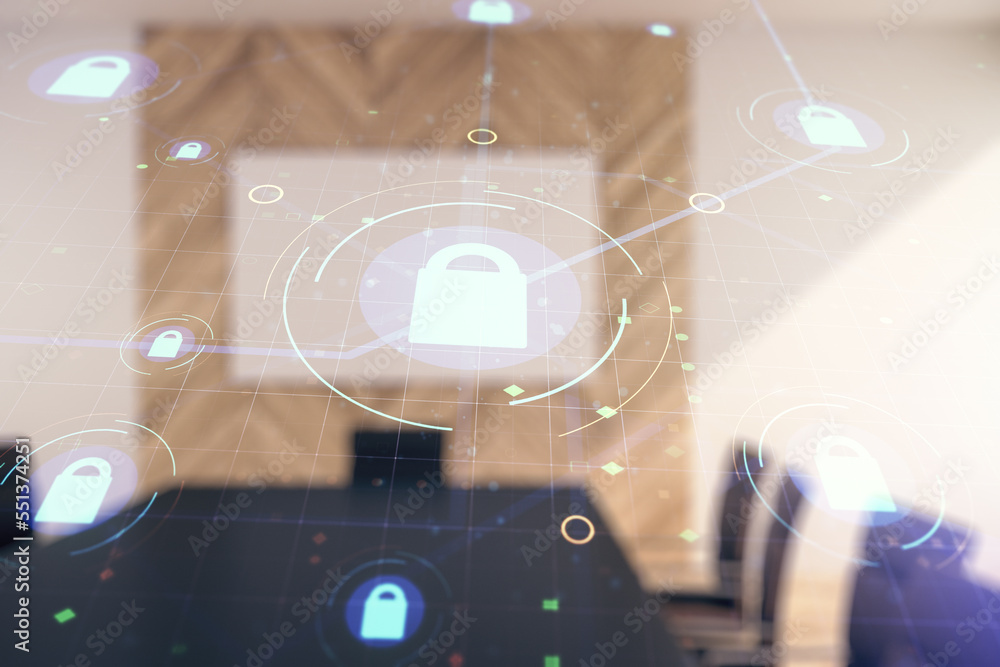 Poster double exposure of virtual creative lock hologram with chip on a modern meeting room background. inf