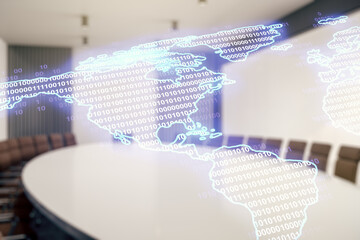 Digital map of North America hologram on a modern coworking room background, global technology concept. Multiexposure