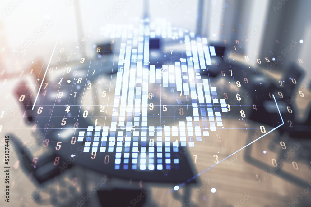 Poster double exposure of creative bitcoin symbol hologram on a modern boardroom background. mining and blo