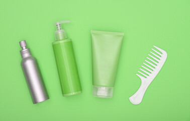 Feminine beauty hair care set on green