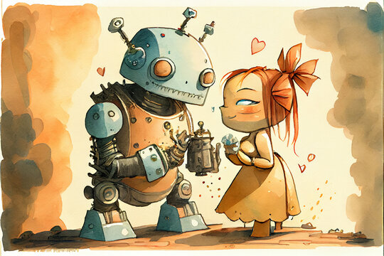 Girl in hat talking to a robot. Robot in love