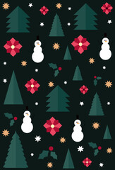 Merry Christmas pattern with xmas decor elements. Christmas wallpaper with decorations - seamless texture on green background pattern with Christmas tree, hat, snowman and stars elements.