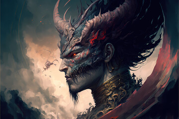 Portrait of a dragon person man, red blood angry fantasy dragon human, concept art dark wizard, illustration digital generative ai design art style