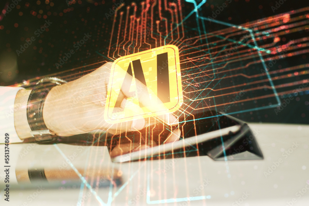 Poster double exposure of creative artificial intelligence icon with finger clicks on a digital tablet on b