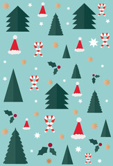 Obraz premium Merry Christmas pattern with xmas decor elements. Christmas wallpaper with decorations - seamless texture on blue background pattern with Christmas tree, caramel cane, stars elements.