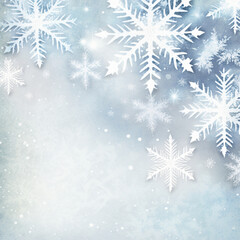 Fototapeta na wymiar Winter Christmas snowflakes on blue background, digital art