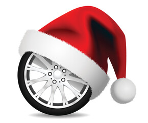 Car wheel and Santa Claus Hat - Christmas tuning vector design illustration on white Background