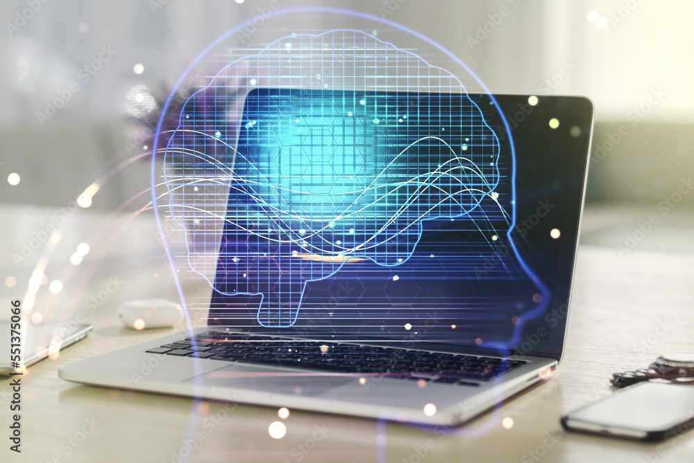 Poster double exposure of creative human head microcircuit with computer on background. future technology a