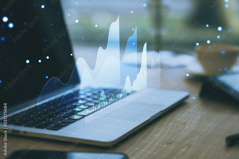 Poster close up of laptop with glowing business graph on blurry desktop background. analysis, trade and fin
