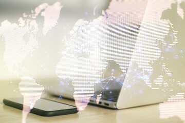 Double exposure of abstract digital world map on computer background, big data and blockchain concept