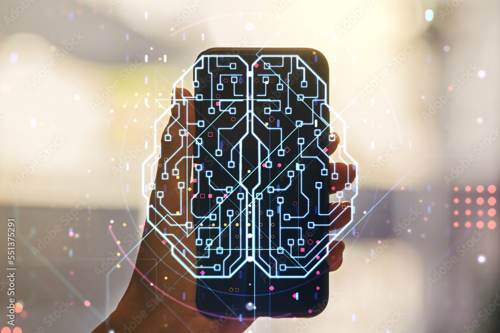 Aufkleber double exposure of creative artificial intelligence symbol and hand with cell phone on background. n