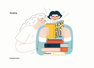 Lifestyle series - Reading - modern flat vector illustration of a man and a woman reading the books. People activities concept