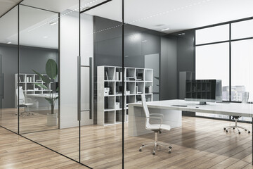 New glass office corridor with furniture and wooden flooring. 3D Rendering.